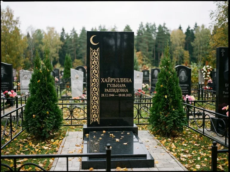 Памятник с гравировкой полумесяца — золочёный полумесяц и колонна растительного орнамента-ислими, работа «Хайруллина» в Мурманске