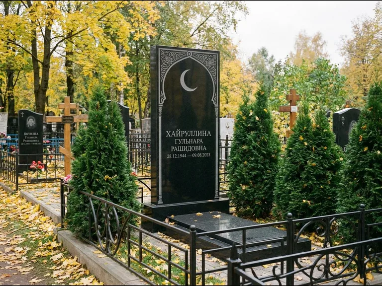Памятник с гравировкой полумесяца — гравировка полумесяца в восточной арке с орнаментом, работа «Хайруллина» в Мурманске