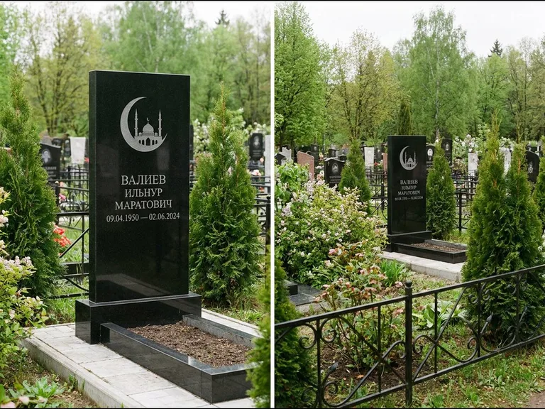 Памятник с гравировкой полумесяца — гравировка полумесяца над силуэтом мечети, работа «Валиев» в Мурманске