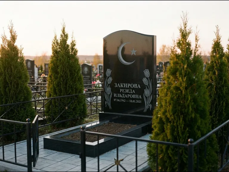 Памятник с гравировкой полумесяца — гравировка полумесяца со звездой и тюльпанами по бокам, работа «Закирова» в Мурманске