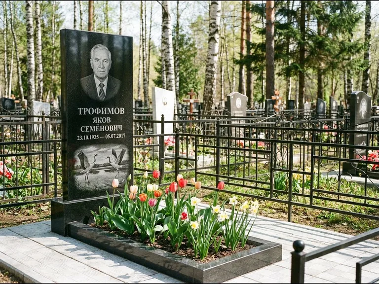 Памятник с гравировкой журавлей — гравировка пары журавлей над гладью озера в нижней части, работа «Трофимов» в Мурманске