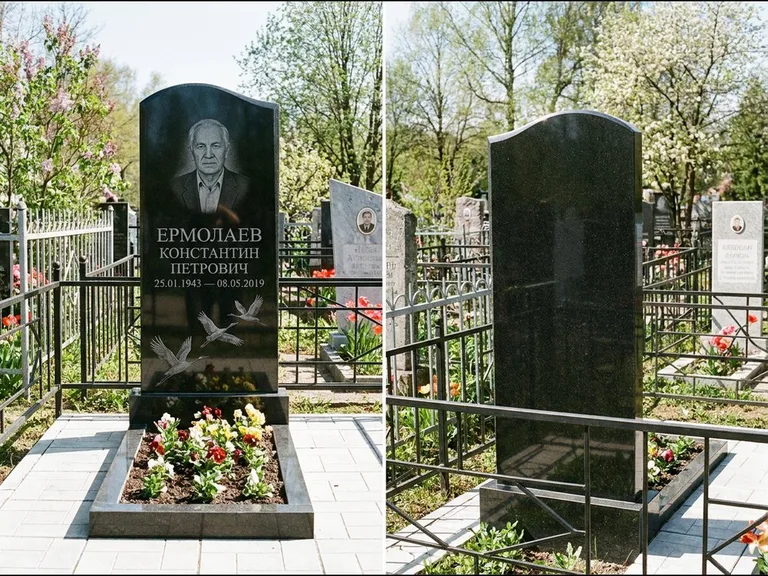 Памятник с гравировкой журавлей — гравировка трёх журавлей по диагонали через свободное поле с, работа «Ермолаев» в Мурманске