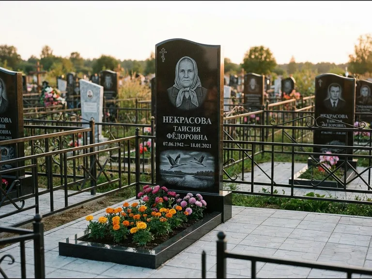 Памятник с гравировкой журавлей — гравировка пары журавлей над гладью озера в нижней части, работа «Некрасова» в Мурманске