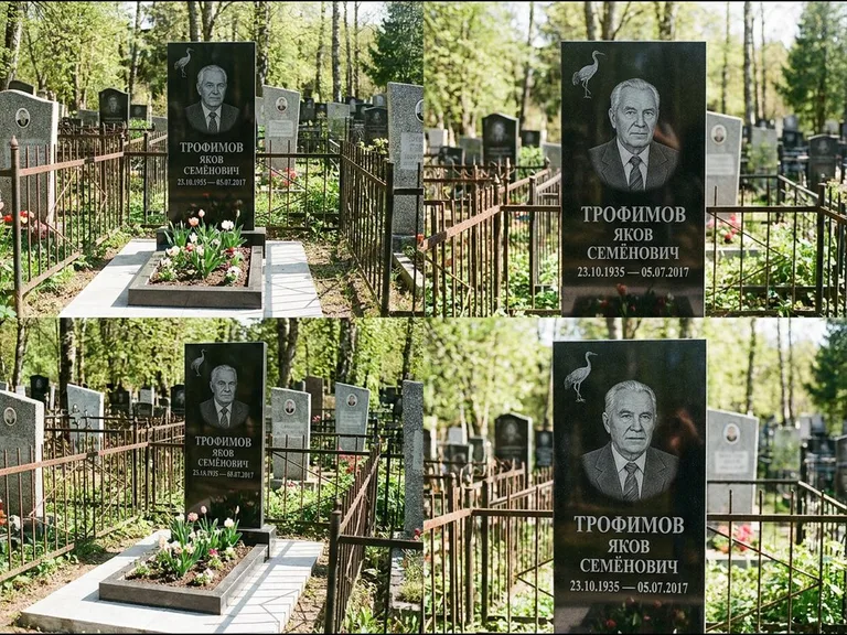 Памятник с гравировкой журавлей — гравировка одиночного летящего журавля над портретом, работа «Трофимов» в Мурманске