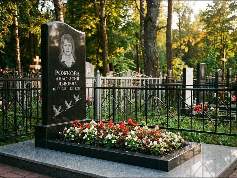 Памятник с гравировкой журавлей — гравировка трёх журавлей по диагонали через свободное поле с, работа «Рожкова» в Мурманске