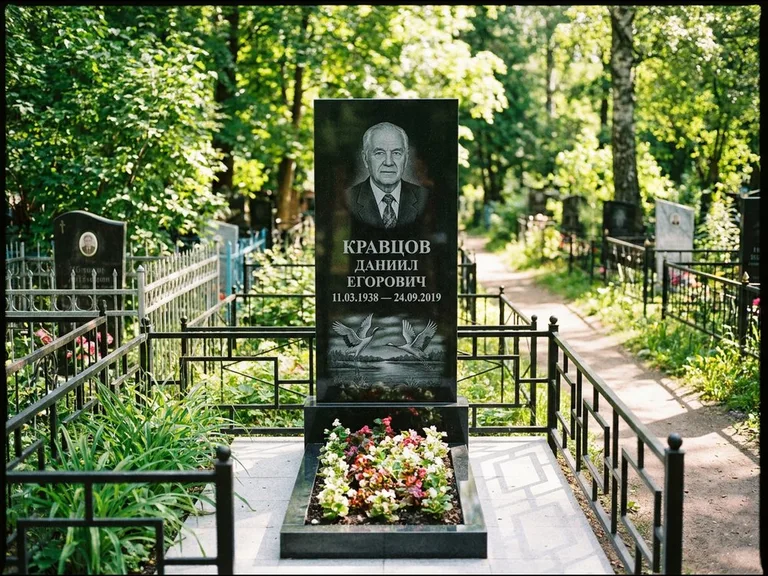 Памятник с гравировкой журавлей — гравировка пары журавлей над гладью озера в нижней части, работа «Кравцов» в Мурманске