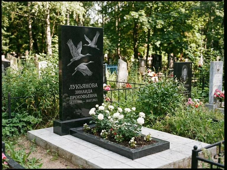 Памятник с гравировкой журавлей — гравировка журавлей, работа «Лукьянова» в Мурманске