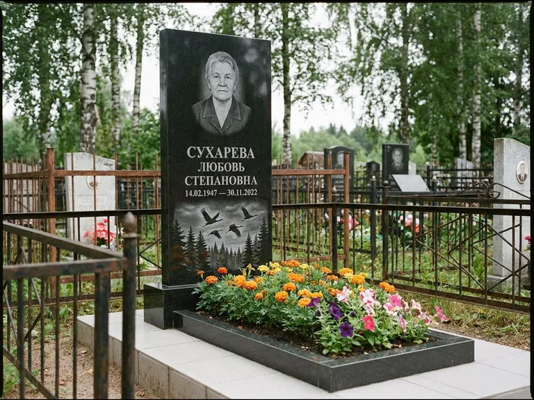 Памятник с гравировкой журавлей — гравировка силуэтов журавлей над еловым лесом, работа «Сухарева» в Мурманске