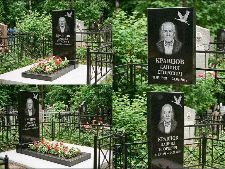 Памятник с гравировкой журавлей — белая гравировка клина журавлей, уходящего в верхний угол ст, работа «Кравцов» в Мурманске