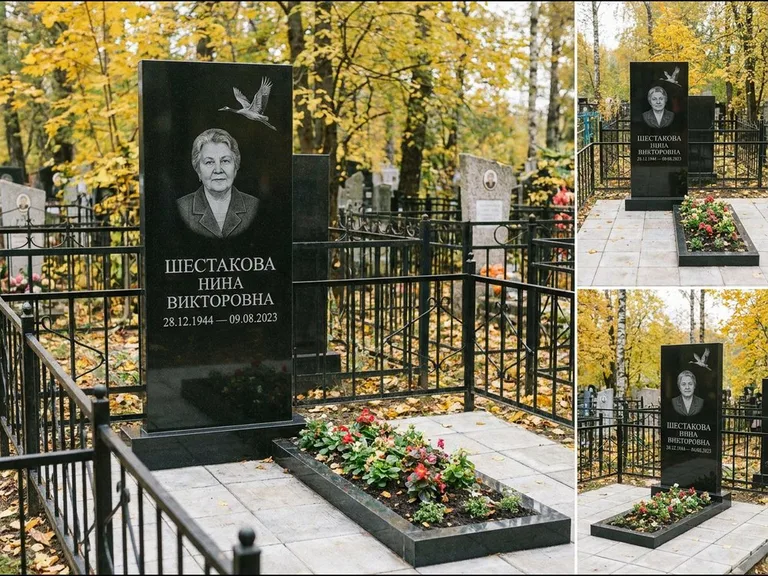 Памятник с гравировкой журавлей — гравировка одиночного летящего журавля над портретом, работа «Шестакова» в Мурманске
