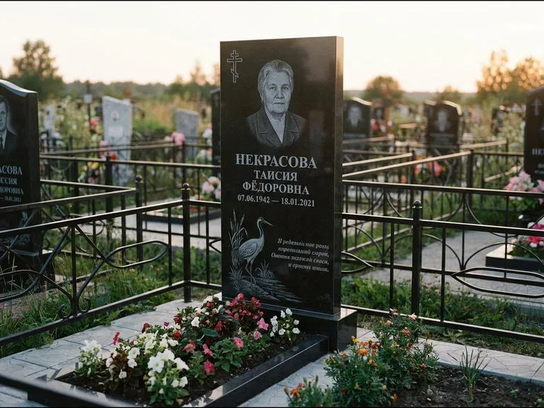 Памятник с гравировкой журавлей — гравировка журавля у камышей рядом с эпитафией, работа «Некрасова» в Мурманске