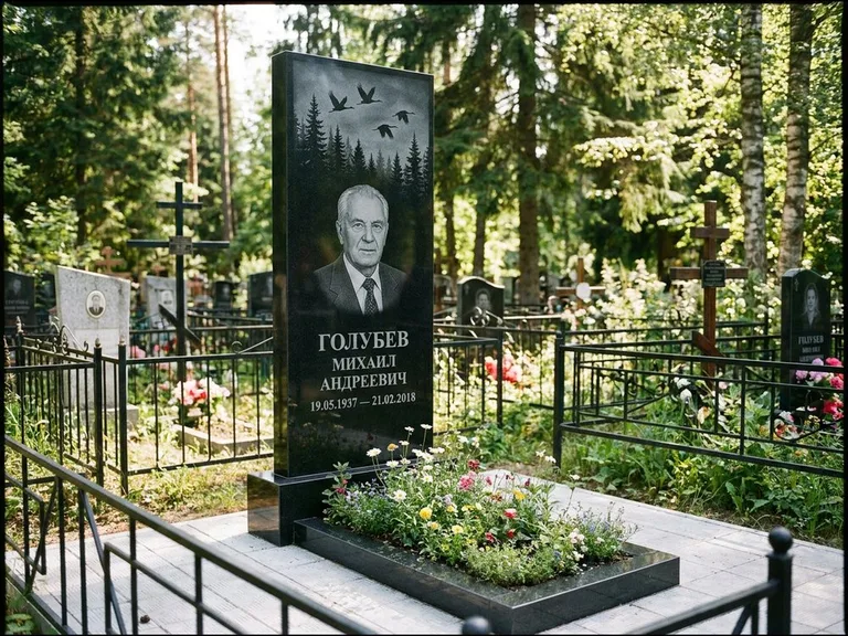 Памятник с гравировкой журавлей — гравировка силуэтов журавлей над еловым лесом, работа «Голубев» в Мурманске