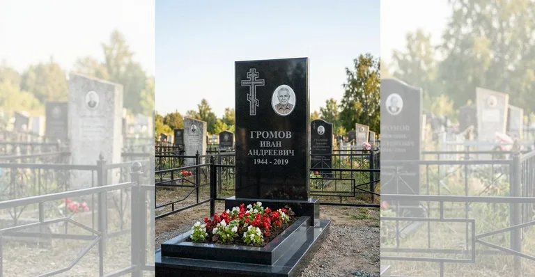 Семейный (двойной) памятник, Готовый гранитный памятник, установленный мастерской «Мастер Каменев» на Лесном кладбище в Самаре