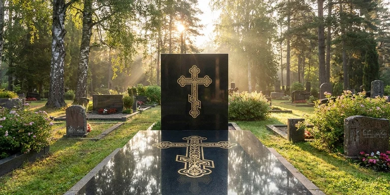 Гравировка креста на памятнике в Мурманске — православный восьмиконечный крест на граните