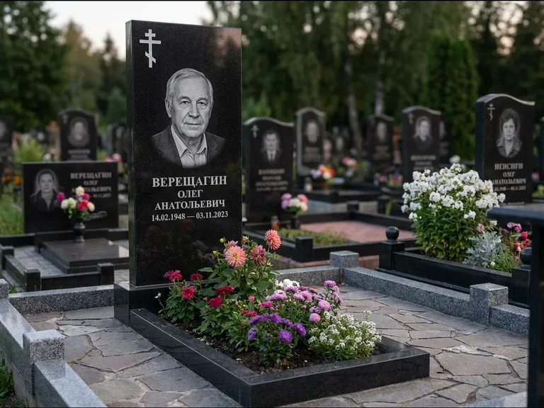 Памятник из чёрного гранита — горизонтальная плита-стела с православным восьмиконечным крестом, работа «Тихонов» в Мурманске