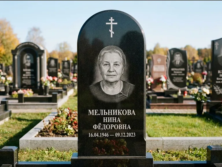 Памятник из чёрного гранита — стела с резным навершием с латинским крестом, работа «Савельева» в Мурманске