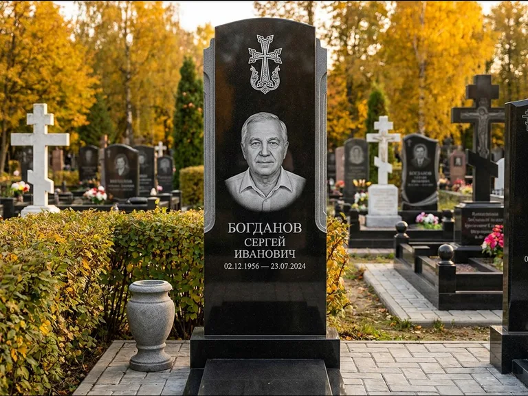 Памятник из чёрного гранита — круглая стела-медальон с армянским хачкаром, работа «Ковалёв» в Мурманске