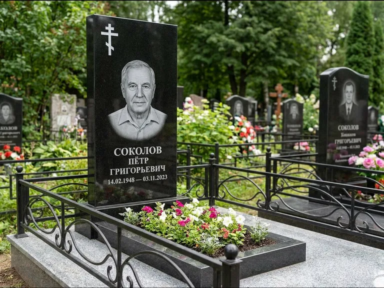 Памятник из чёрного гранита — стела с арочным верхом с православным восьмиконечным крестом, работа «Ковалёв» в Мурманске