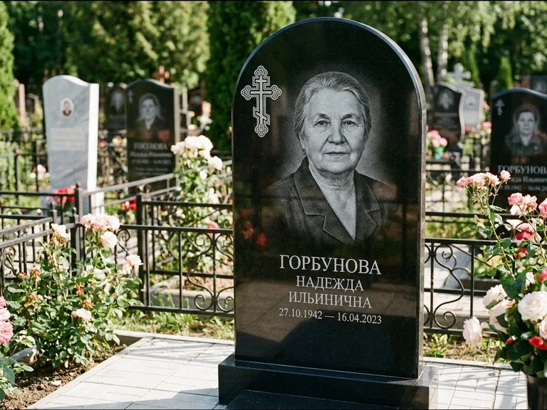 Памятник из чёрного гранита — стела с боковой колонной с крестом в лучах, работа «Мельникова» в Мурманске