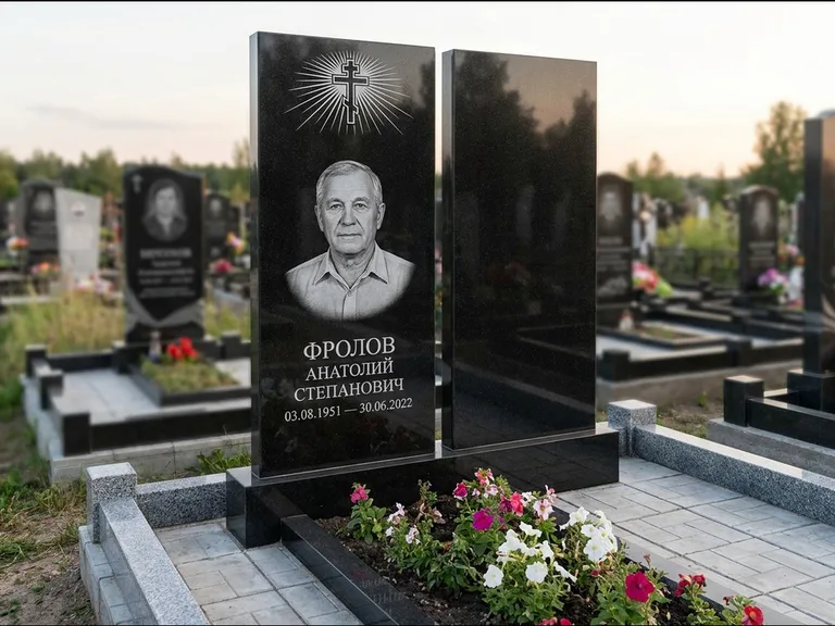 Памятник из чёрного гранита — стела на ступенчатом постаменте с золочёным крестом, работа «Богданов» в Мурманске