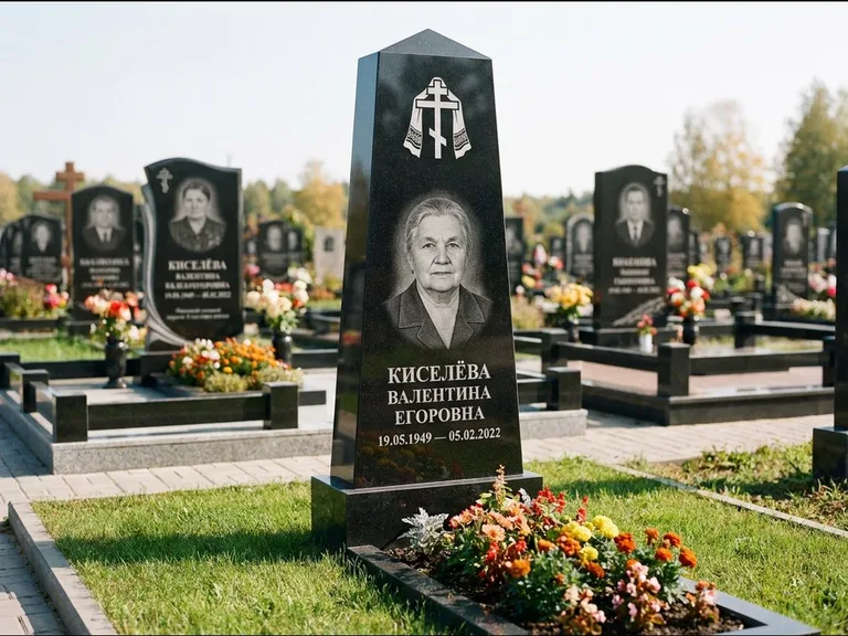 Памятник из чёрного гранита — стела со скошенным верхом с ажурным резным крестом, работа «Селезнёва» в Мурманске