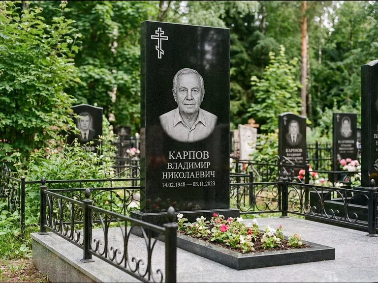 Памятник из чёрного гранита — узкая стела с ажурным крестом с православным восьмиконечным крестом, работа «Гущин» в Мурманске
