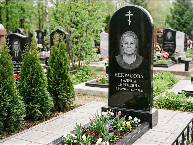 Памятник из чёрного гранита — стела с цветником-плитой с латинским крестом, работа «Лаврентьева» в Мурманске