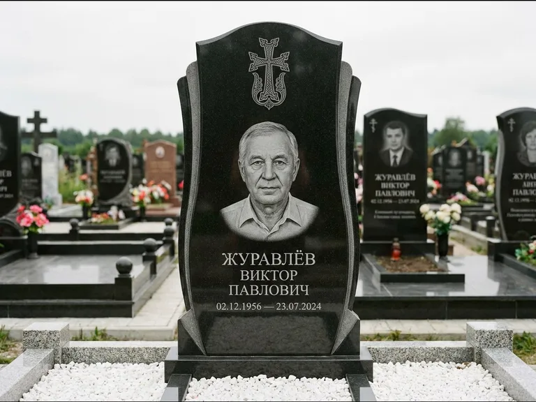 Памятник из чёрного гранита — панорамная стела с армянским хачкаром, работа «Тихонов» в Мурманске