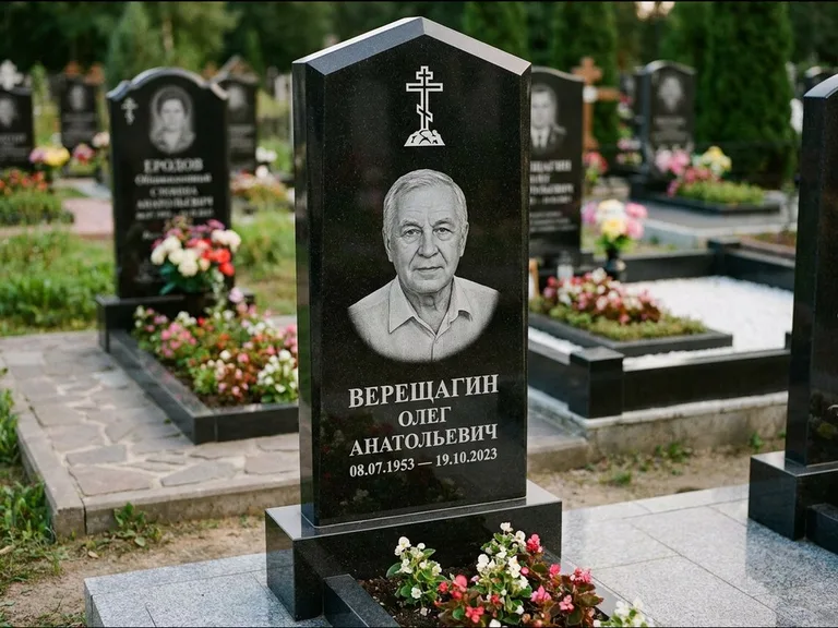 Памятник из чёрного гранита — обелиск-колонна с крестом на Голгофе, работа «Ковалёв» в Мурманске