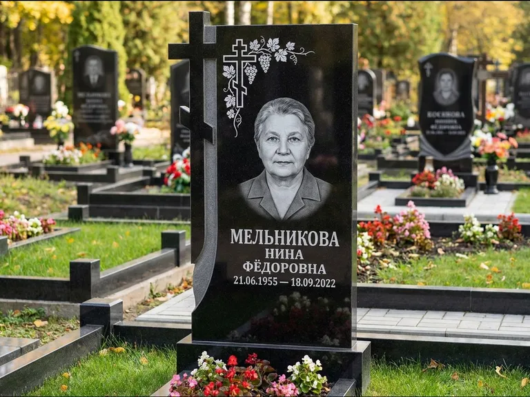 Памятник из чёрного гранита — стела с резной рамкой с крестом с распятием, работа «Некрасова» в Мурманске