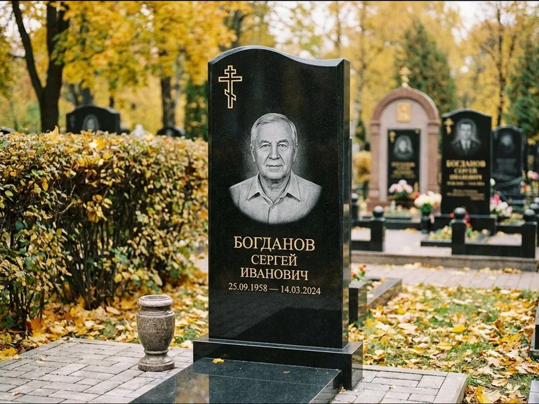 Памятник из чёрного гранита — стела с цветником с процветшим крестом с виноградной лозой, работа «Журавлёв» в Мурманске