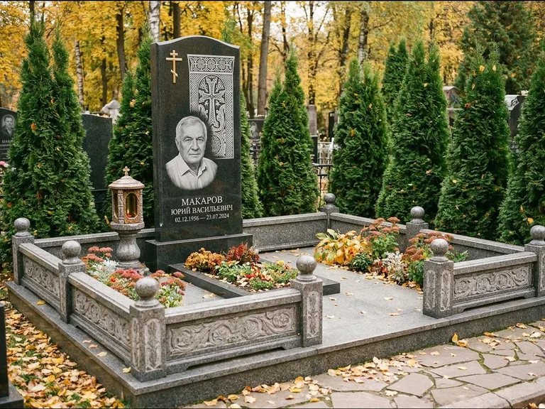 Памятник из чёрного гранита — стела с крестом и лампадой с армянским хачкаром, работа «Гущин» в Мурманске