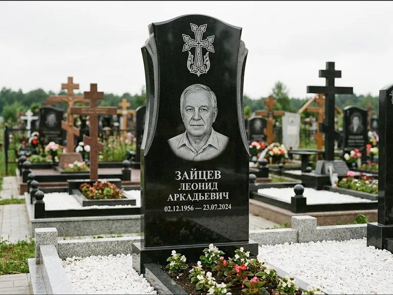 Памятник из чёрного гранита — семейная стела на двоих с армянским хачкаром, работа «Журавлёв» в Мурманске
