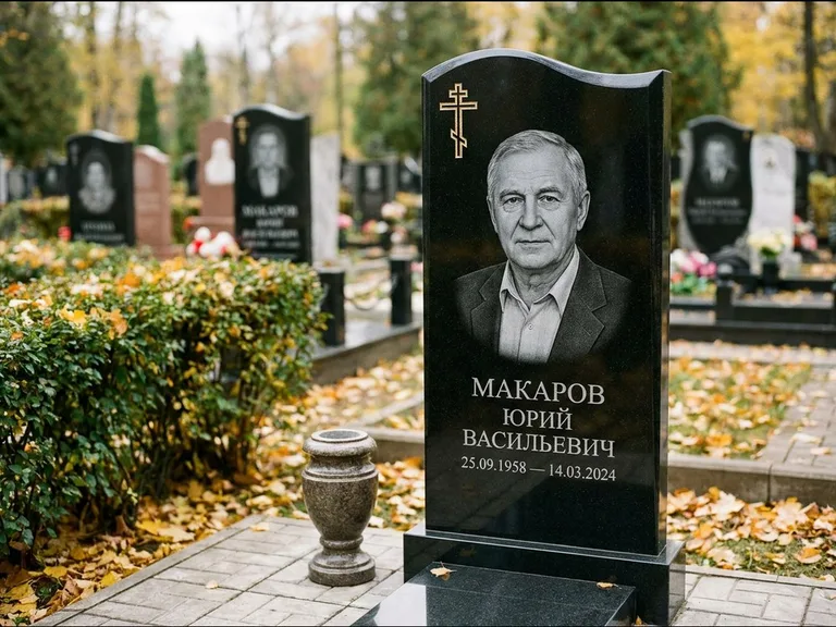 Памятник из чёрного гранита — фигурная стела с киот-нишей с процветшим крестом с виноградной лозой, работа «Богданов» в Мурманске