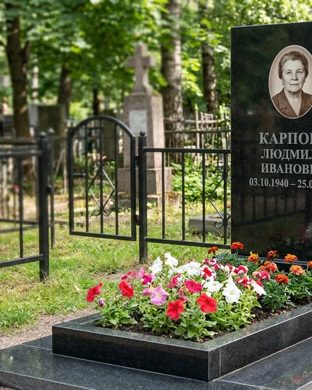 Памятник под ключ с низкой оградой и цветником в Мурманске