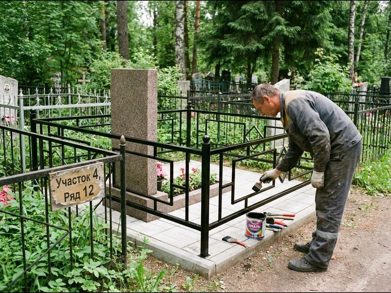 Покраска оградки на кладбище в Мурманске — мастер красит металлическую ограду на могиле чёрной эмалью