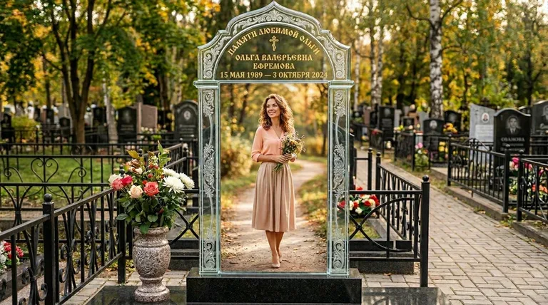 Портрет на стекле в форме арки на памятнике в Мурманске