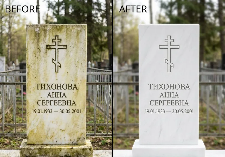 Восстановление мраморного надгробия от желтизны: до и после в Мурманске