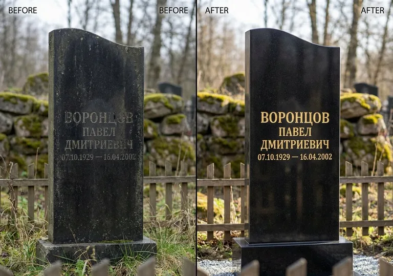 Золочение и обновление надписей на памятнике: до и после в Мурманске
