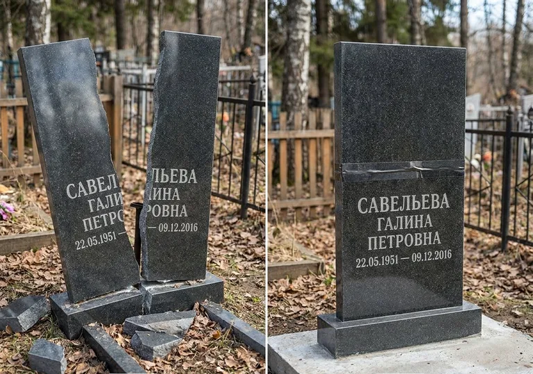 Склейка расколотого гранитного памятника: до и после в Мурманске