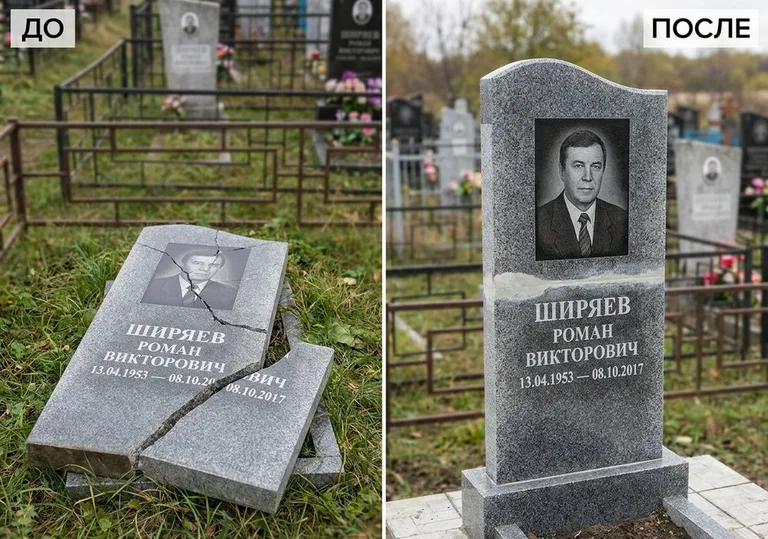 Обновление золочёных букв на граните: до и после в Мурманске