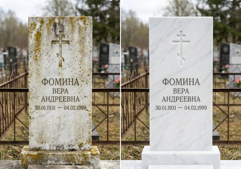 Восстановление мраморного памятника от желтизны и налёта в Мурманске
