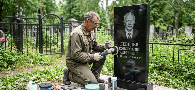 Реставрация памятника в Мурманске — восстановление гранита, заделка трещин и обновление надписей на кладбище