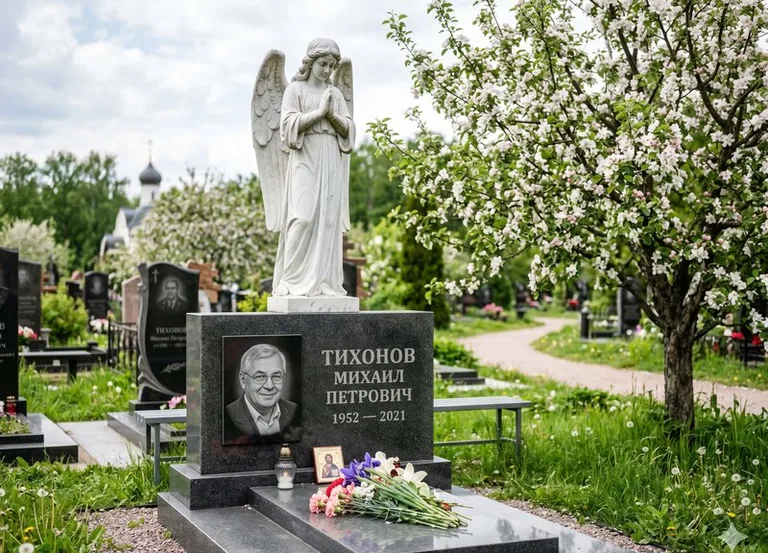 Мраморный молящийся ангел на гранитном памятнике весной в Мурманске