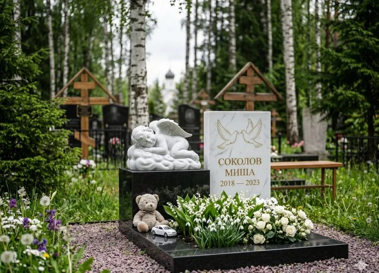 Белый ангелочек на детском памятнике в Мурманске