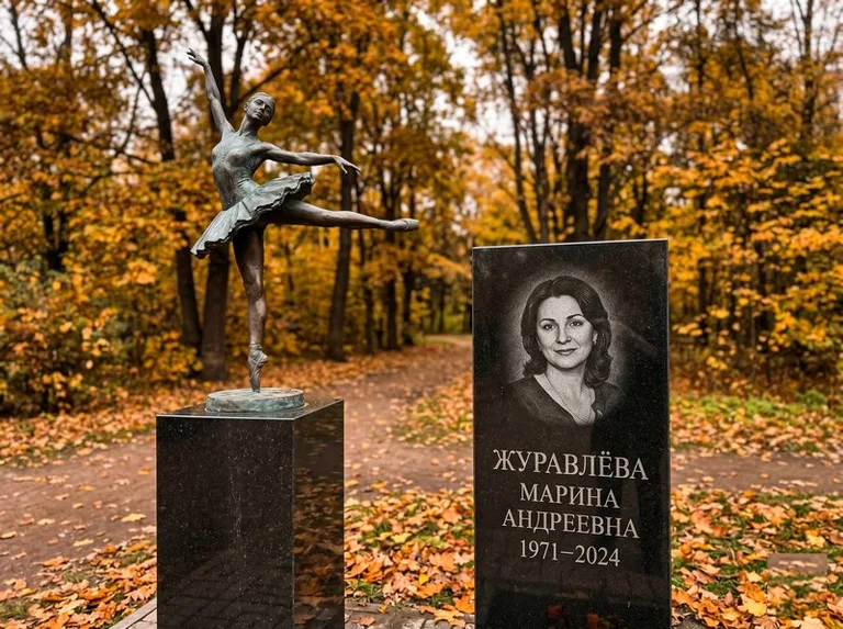Бронзовая балерина на постаменте рядом со стелой осенью в Мурманске