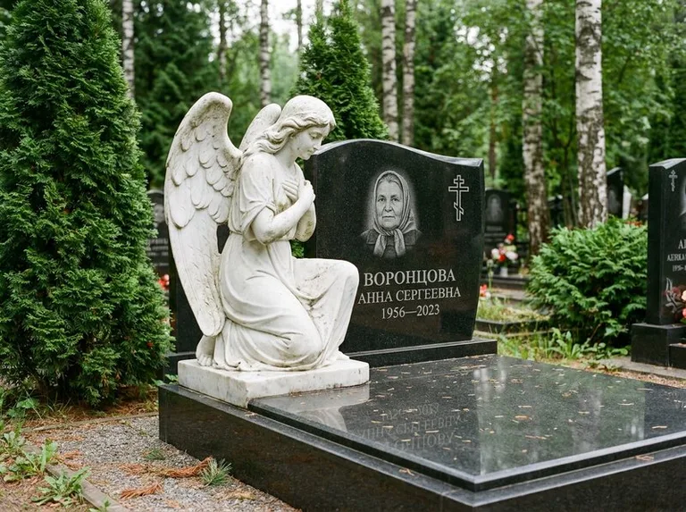 Белый мраморный ангел на гранитном памятнике в Мурманске