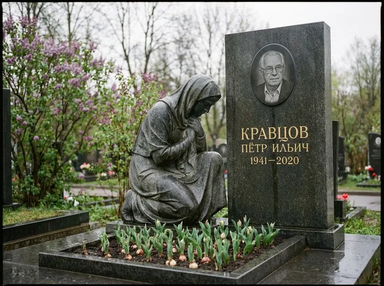 Гранитная скорбящая фигура у стелы на кладбище в Мурманске