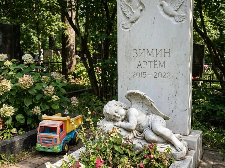 Спящий ангелочек на детском памятнике в Мурманске