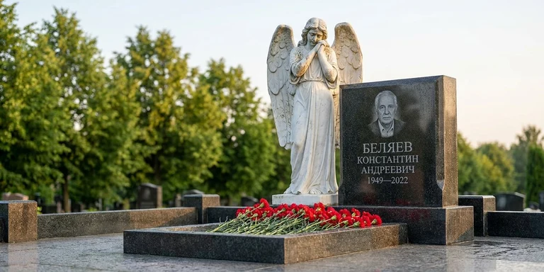 Скульптура на памятник в Мурманске — мраморный ангел на гранитном мемориале